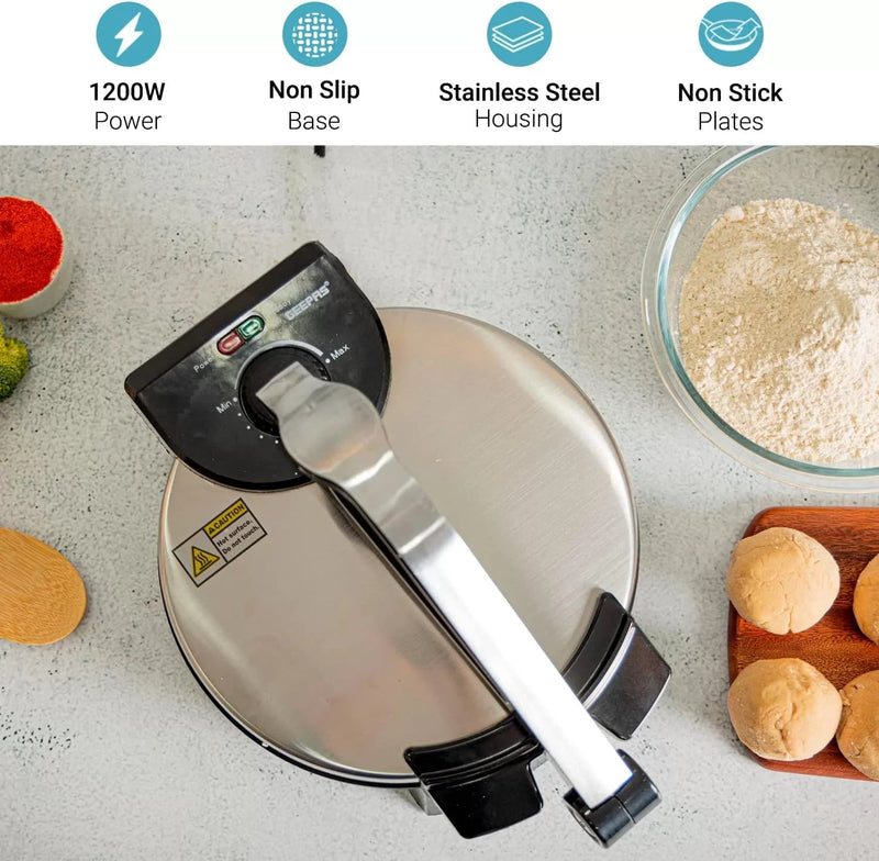 ZAMORA MART LAC electric roti maker with stainless steel body and round cooking surface for quick, fresh roti preparation.