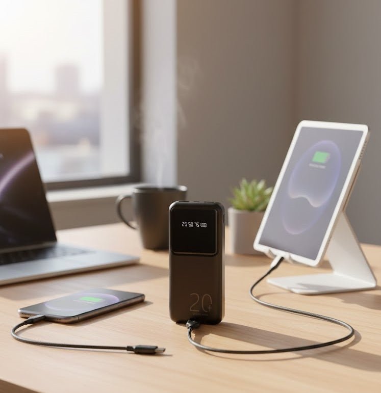 ZAMORA MART power bank with LED display showing battery status and charging ports, portable device for on-the-go power.