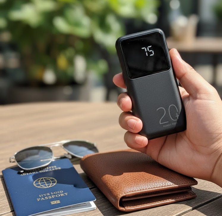 ZAMORA MART power bank with LED display showing battery level and charging ports, portable mobile device charger.