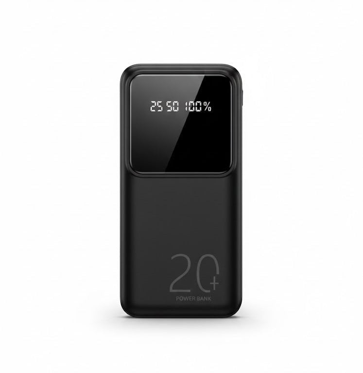 ZAMORA MART power bank with LED display showing charging status and capacity in a compact portable design