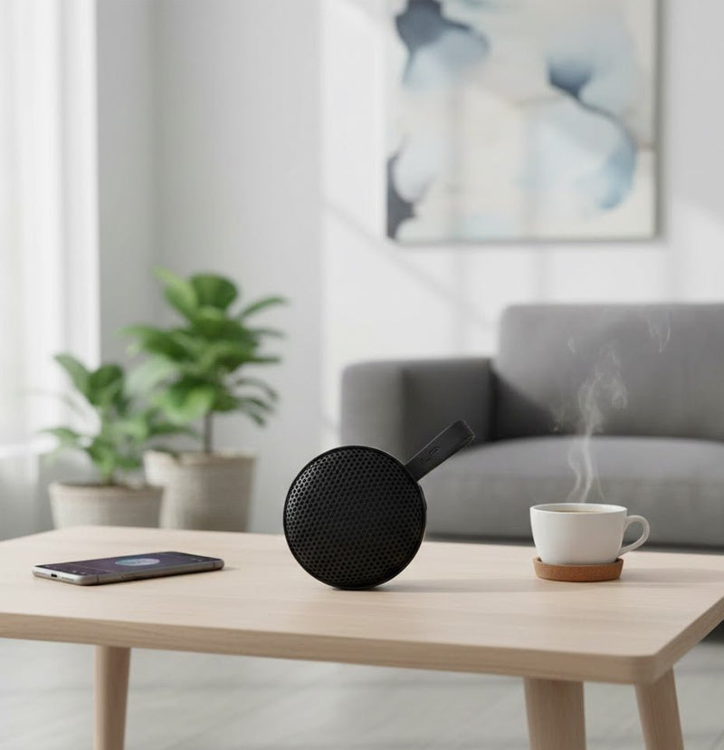 ZAMORA MART compact wireless Bluetooth speaker in black, showing a sleek portable design with control buttons on top.