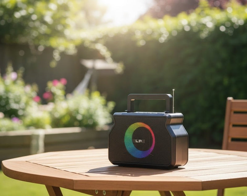 ZAMORA MART Sun Solar RGB Wireless Speaker with solar panel, colorful LED lights, and portable design for outdoor use.