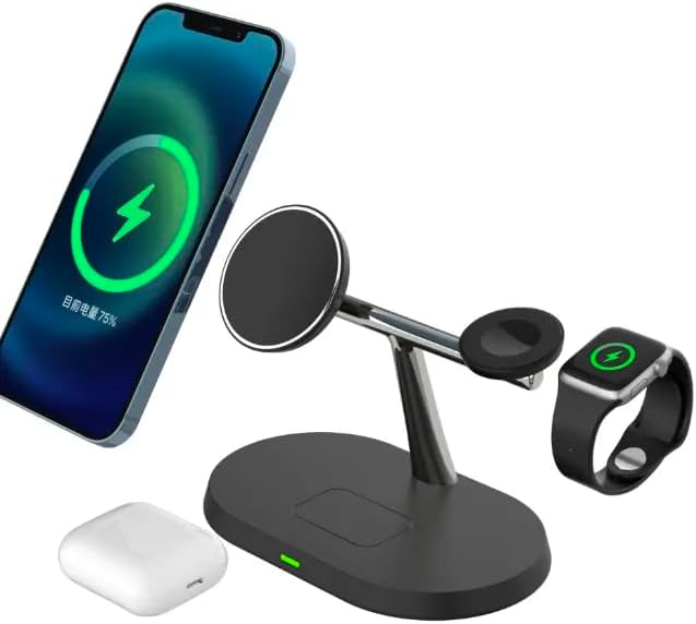 ZAMORA MART wireless charging dock with multiple device charging ports and sleek black design on a white background.