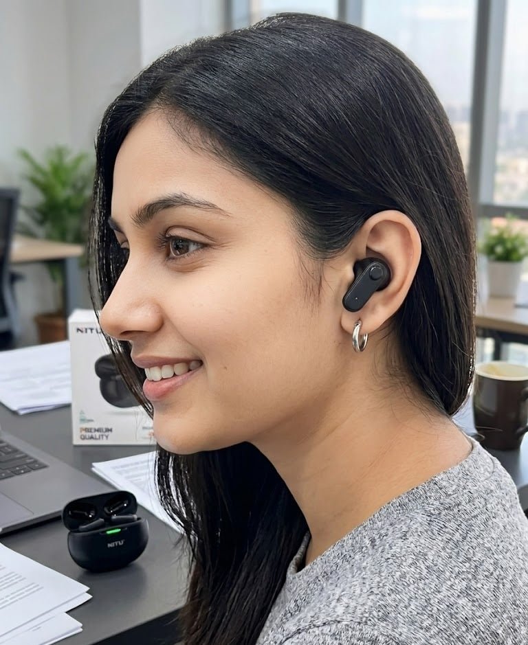 Nitu Dual-Driver Bluetooth earphones by ZAMORA MART with sleek design and in-ear fit for wireless sound experience.