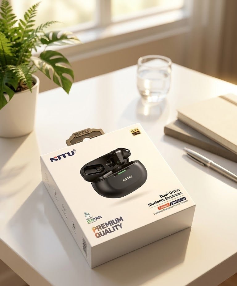 ZAMORA MART dual-driver Bluetooth earphones with in-ear design and sleek black finish, wireless audio device for music and calls.