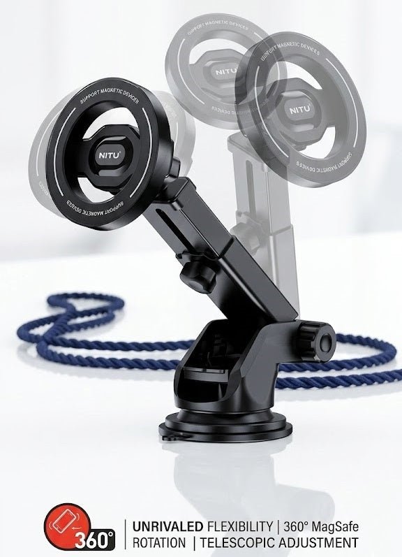 ZAMORA MART MagSafe magnetic rotate phone stand holding a smartphone in a vertical position, showcasing adjustable angle and magnetic design.