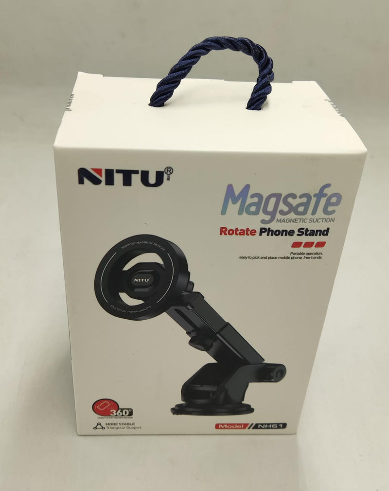 ZAMORA MART MagSafe magnetic rotate phone stand holding a smartphone, adjustable for viewing angles, black color.