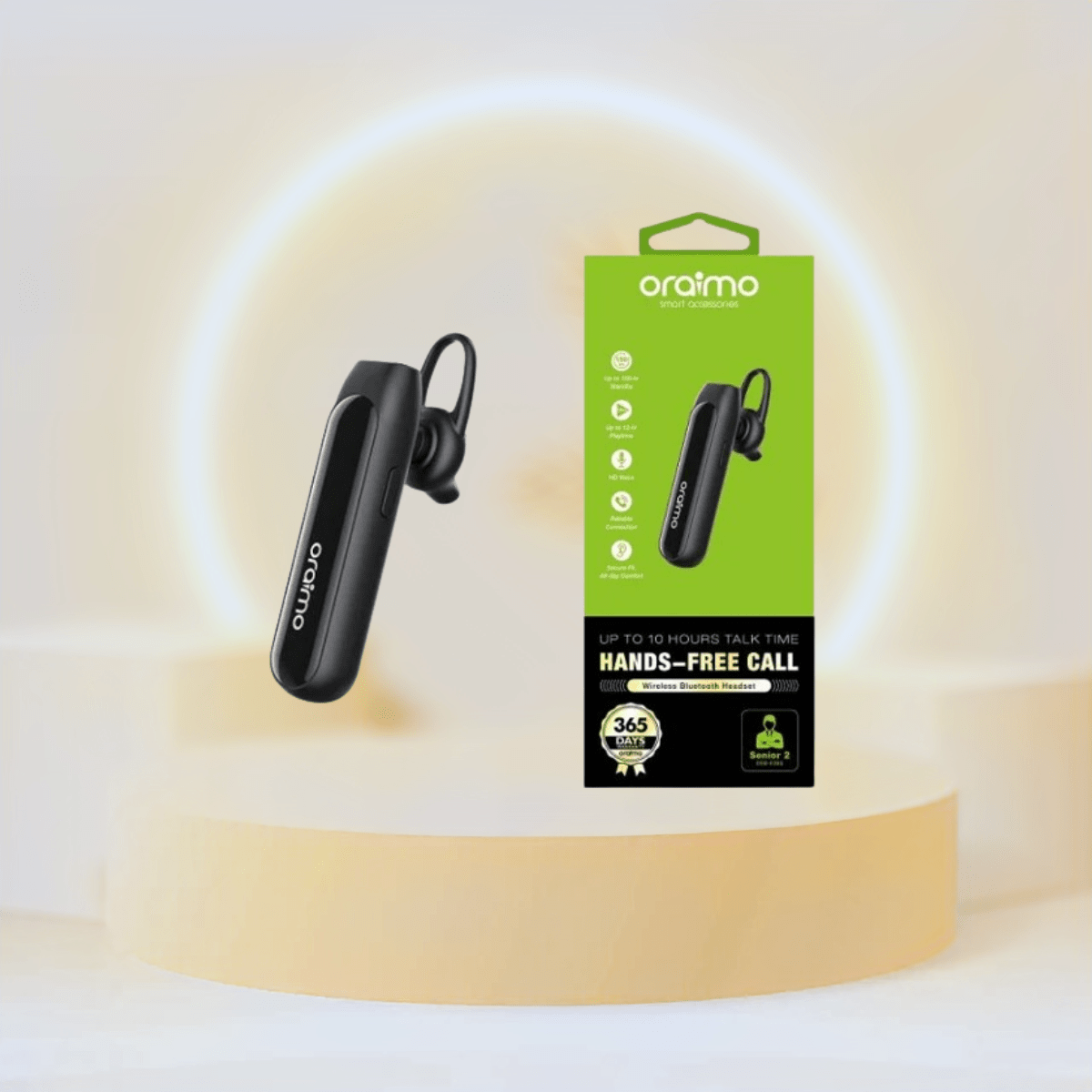 Original Oraimo Bluetooth earphone in black with sleek design, showing earbuds and charging case, by ZAMORA MART.
