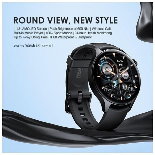ZAMORA MART OSW-42 smart watch with black band and digital display showing time and health tracking features.