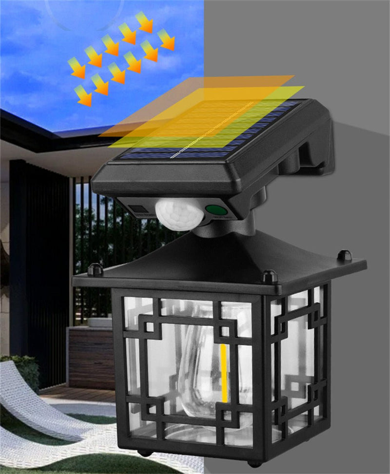 ZAMORA MART outdoor solar sensor light mounted on wall, with adjustable solar panel and motion sensor for outdoor security illumination.