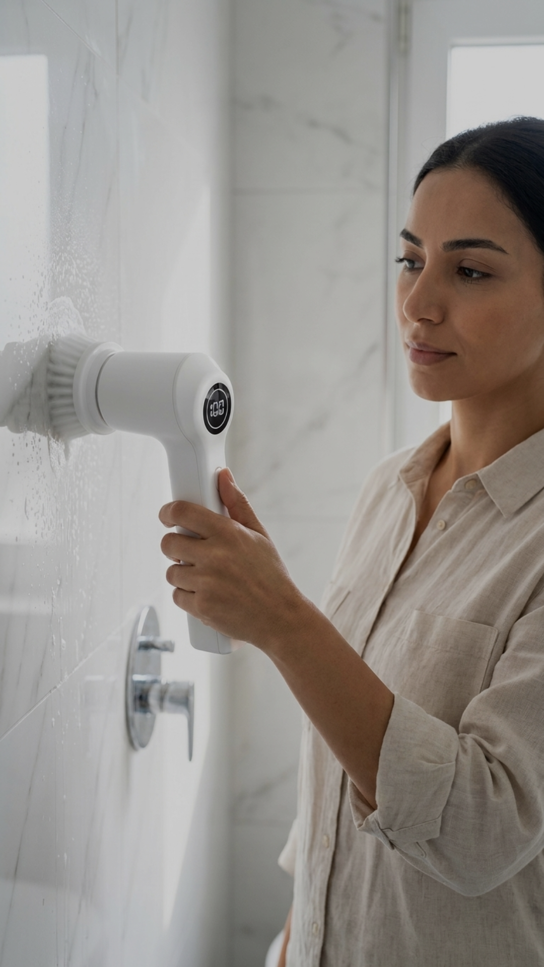ZAMORA MART electric scrubber with a sleek handle and cleaning head, ideal for deep cleaning and grout scrubbing in the kitchen or bathroom.