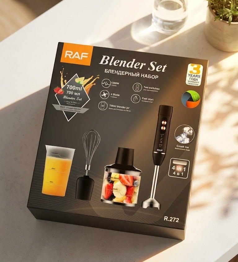 ZAMORA MART 4-in-1 blender set with multiple attachments for smoothies, soups, and sauces, shown with blending jars and accessories.