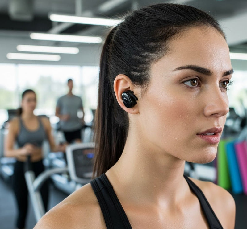 Realme true wireless earbuds with compact design and charging case, sleek black finish, and in-ear fit.