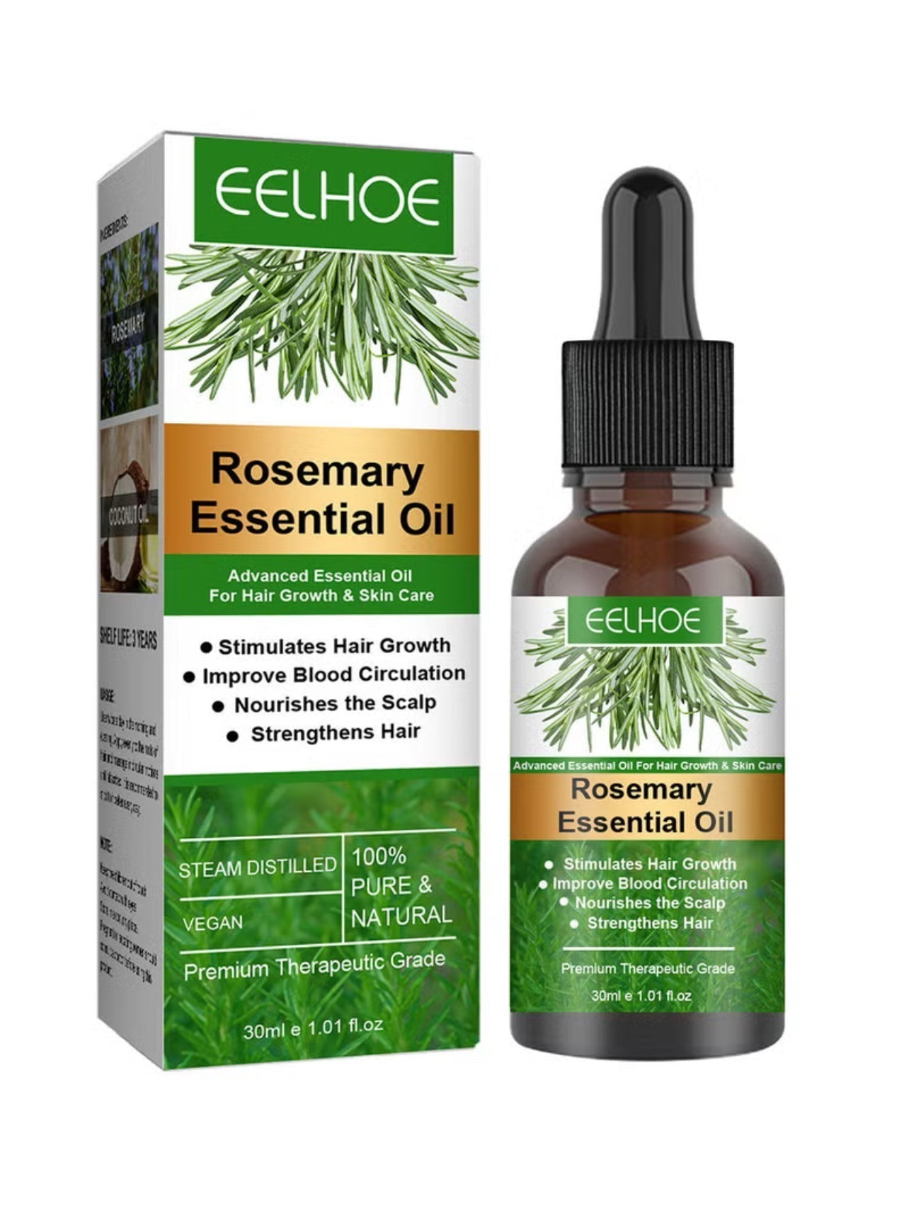 Bottle of ZAMORA MART rosemary hair oil with fresh rosemary sprigs for nourishing hair care and natural shine.
