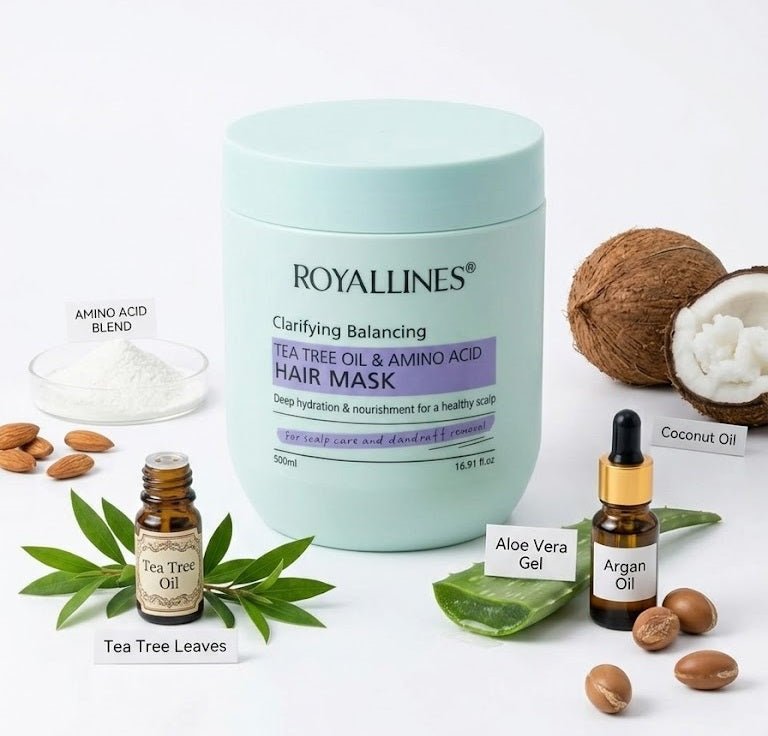 ZAMORA MART amino acid hair mask with tea tree oil, showing a creamy hair treatment in a jar for nourishing and balancing hair.