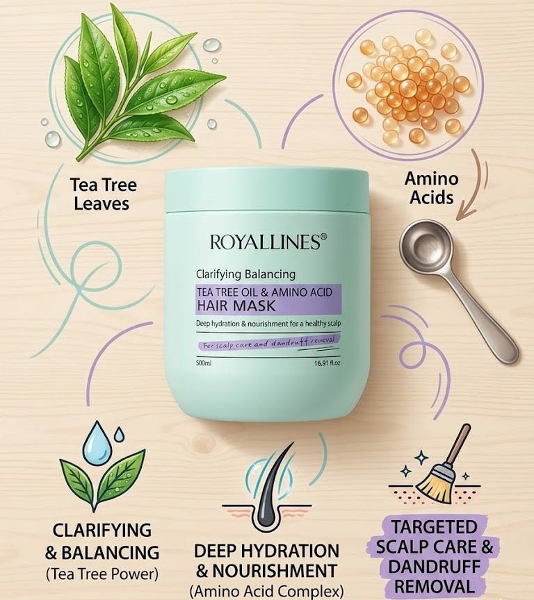 ZAMORA MART amino acid hair mask with tea tree oil, shown in a jar, designed for nourishing and clarifying hair treatment.