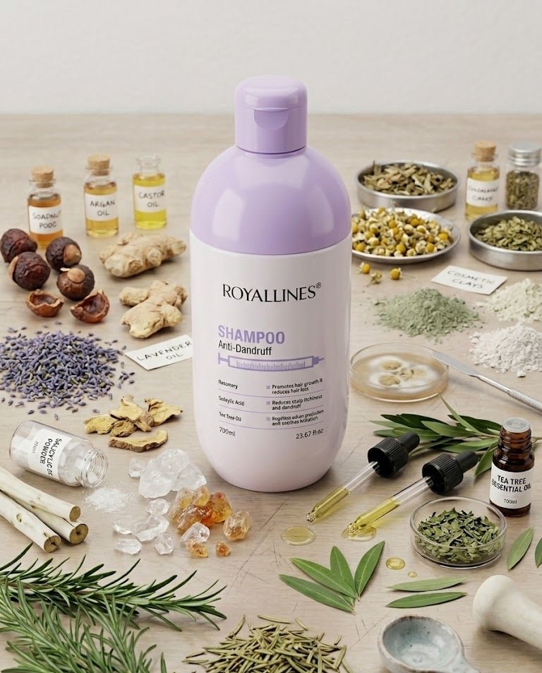 ZAMORA MART anti-dandruff shampoo bottle with label, showing clear liquid and clean packaging for scalp care.