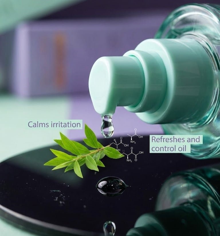 ZAMORA MART Tea Tree Oil Hair Serum bottle with label, showcasing natural hair care product for scalp and hair nourishment.