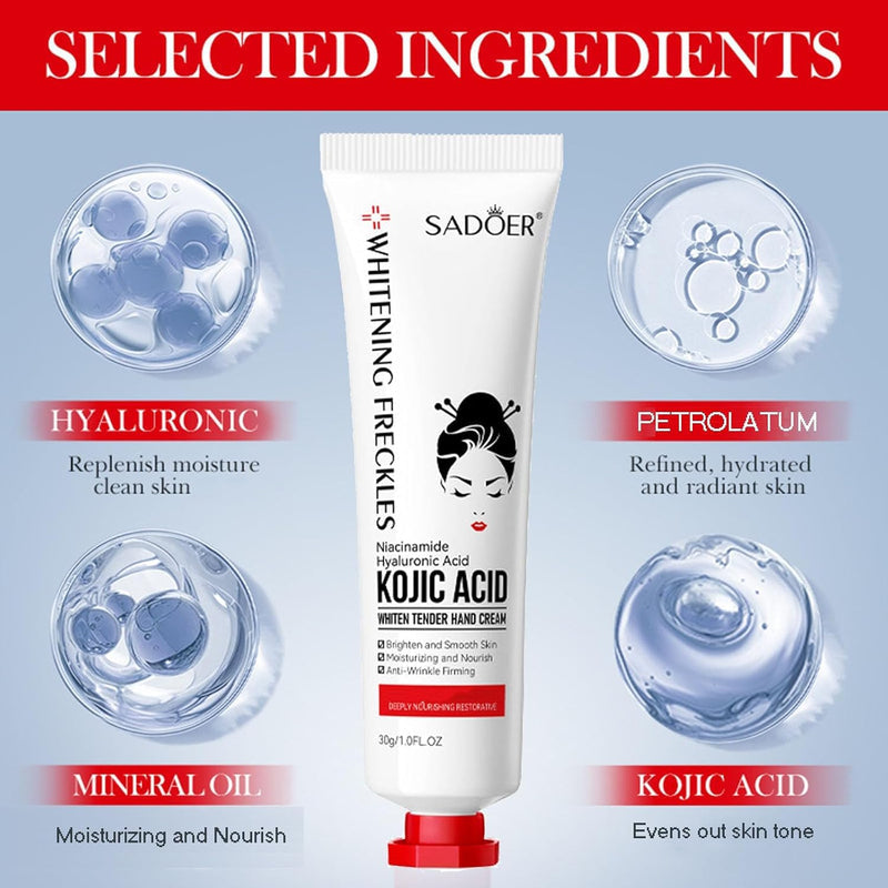 ZAMORA MART Kojic Acid Hand Cream tube with white and gold packaging, designed to moisturize and brighten hands.