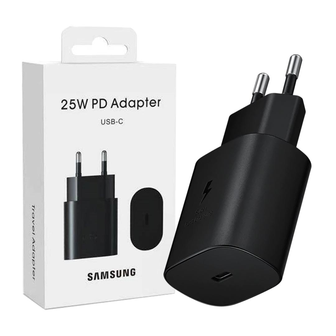 Samsung 25W power adapter by ZAMORA MART, showing a compact black charger with USB-C port and foldable prongs.