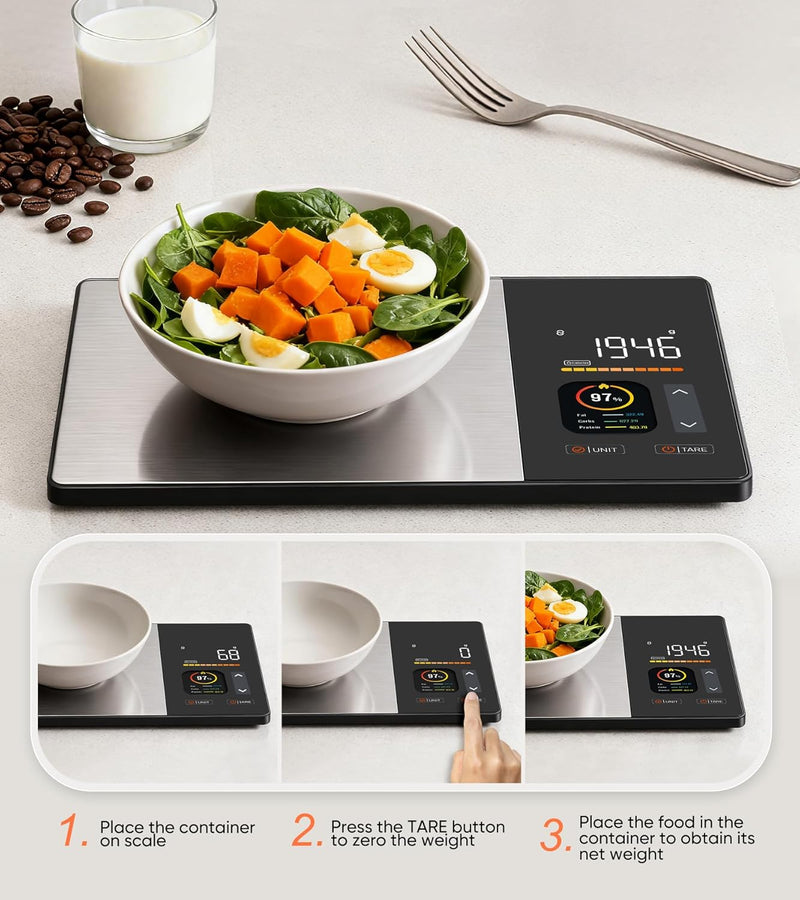 Zamora Mart smart kitchen scale with digital display and stainless steel surface for precise food and ingredient measurement