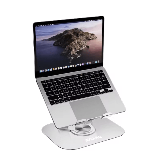 Aluminum ZAMORA MART laptop and tablet stand with adjustable support for ergonomic workspace setup.