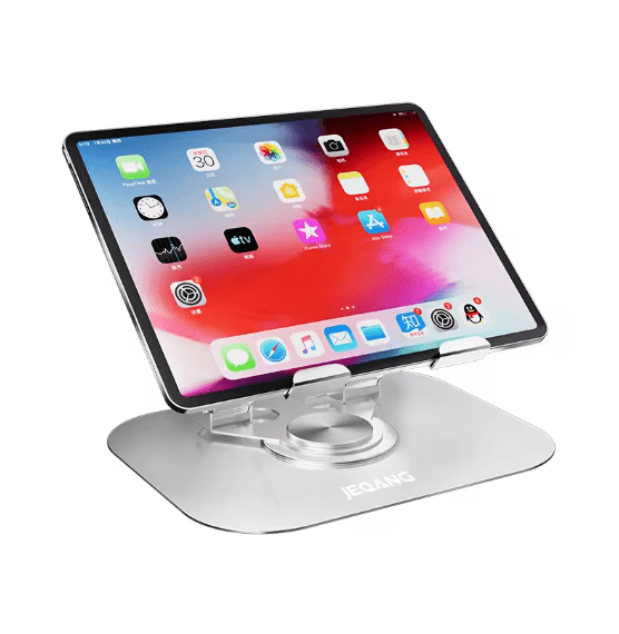 Aluminum laptop and tablet stand by ZAMORA MART with adjustable angles and a sleek design for ergonomic workspace setup.