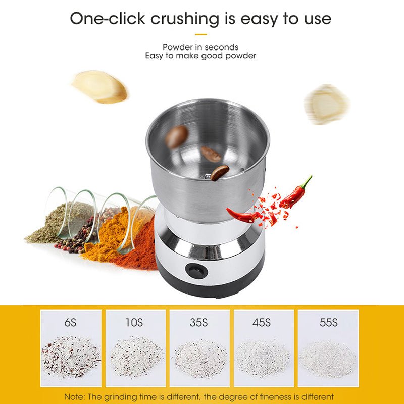 Stainless steel ZAMORA MART electric grinder with a compact design and stainless steel exterior, suitable for kitchen use.