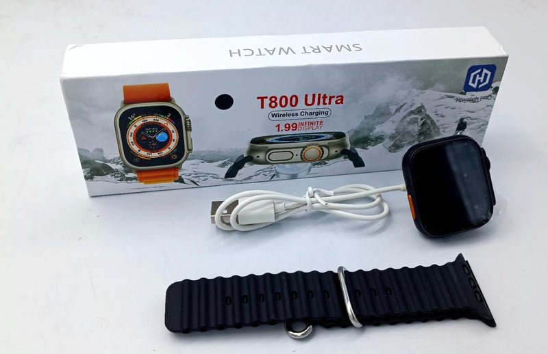 ZAMORA MART T800 smartwatch with a 1.99-inch display, black band, and sleek digital interface.