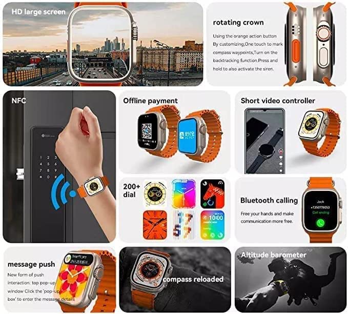 ZAMORA MART T800 Smartwatch with 1.99-inch display showing time, fitness tracking features, and sleek black design.