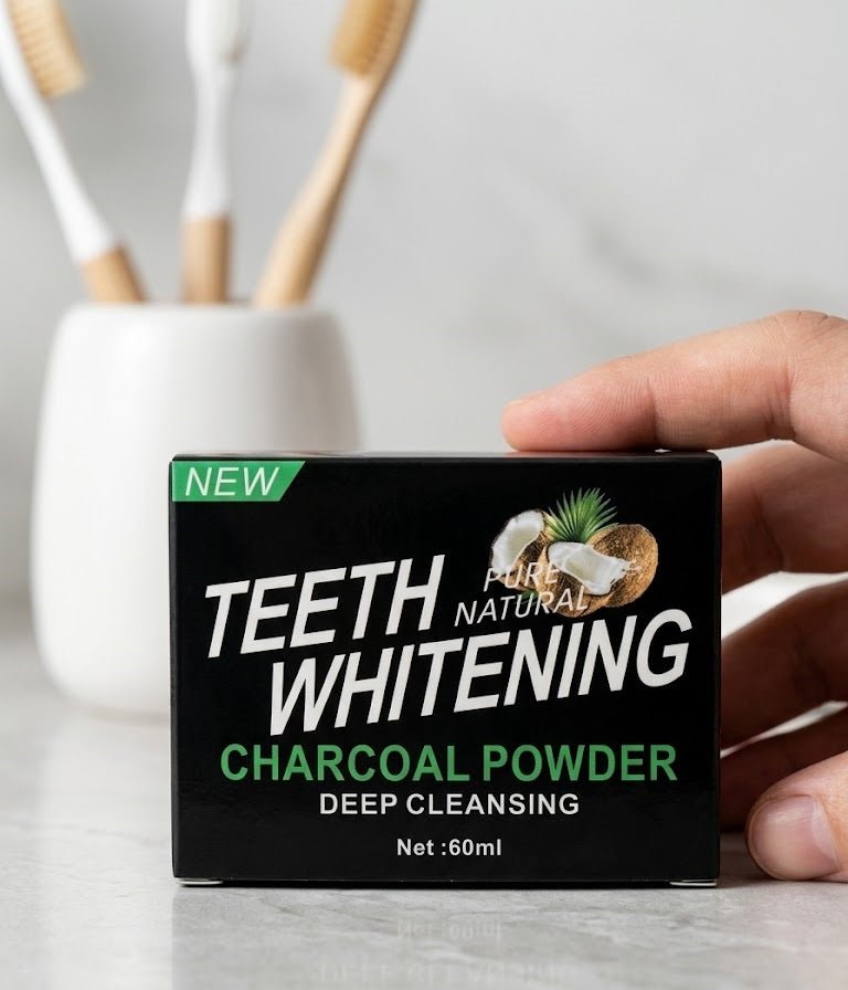 ZAMORA MART teeth whitening powder with activated charcoal in a jar, showcasing the natural teeth whitening teeth powder.