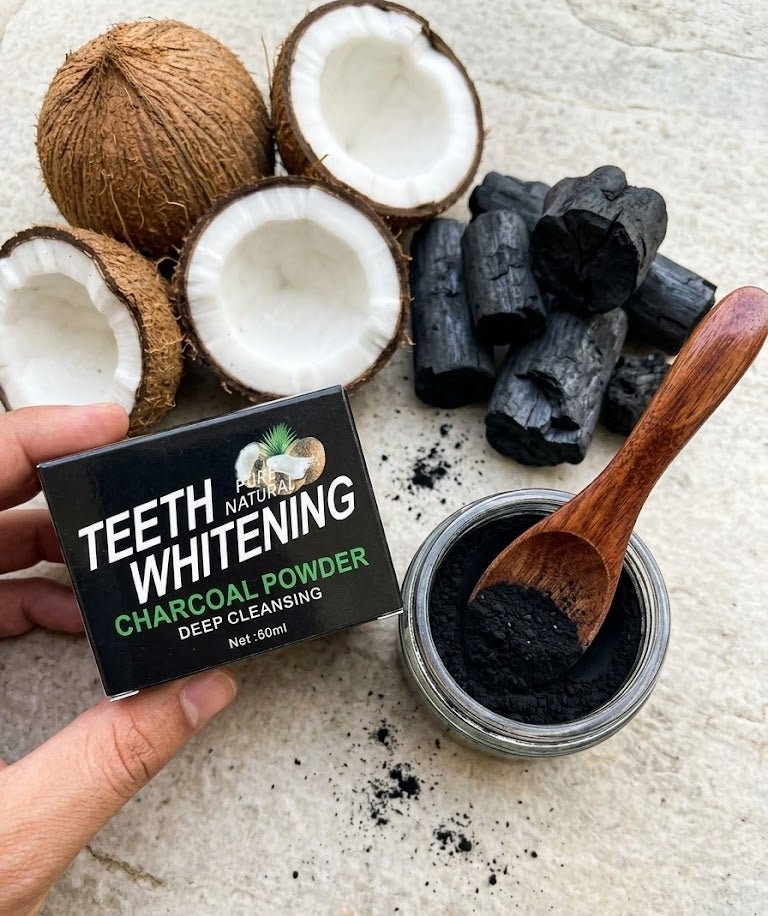 ZAMORA MART teeth whitening charcoal powder in a jar, showing the black teeth powder for natural teeth whitening.