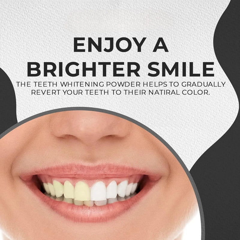 ZAMORA MART teeth whitening powder in a jar, featuring black charcoal teeth powder for natural teeth brightening.