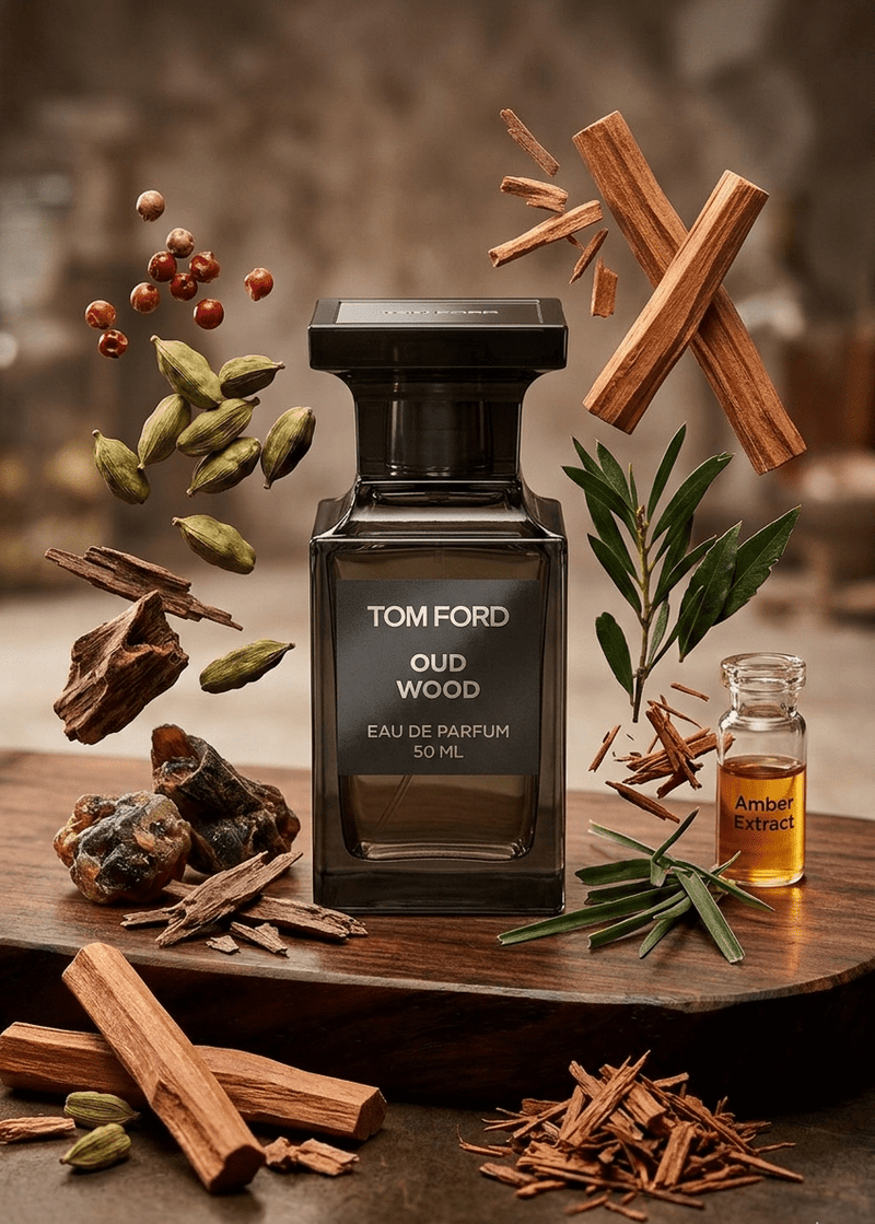 ZAMORA MART Oud Wood Parfum bottle with dark amber liquid and elegant packaging, showcasing a luxurious fragrance design.