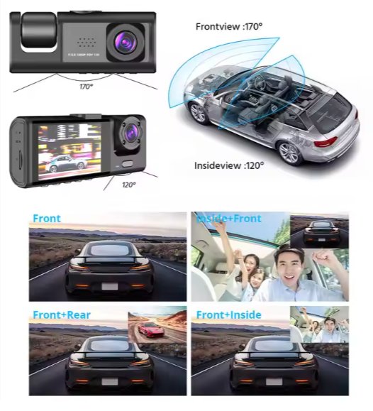 ZAMORA MART Triple Way Car Video Recorder showing front, interior, and rear camera views in a compact device