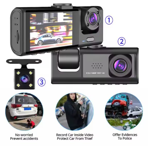ZAMORA MART triple way car video recorder showing front, interior, and rear cameras mounted inside a vehicle.