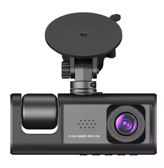 ZAMORA MART Triple Way Car Video Recorder showing front, interior, and rear cameras mounted in a vehicle.