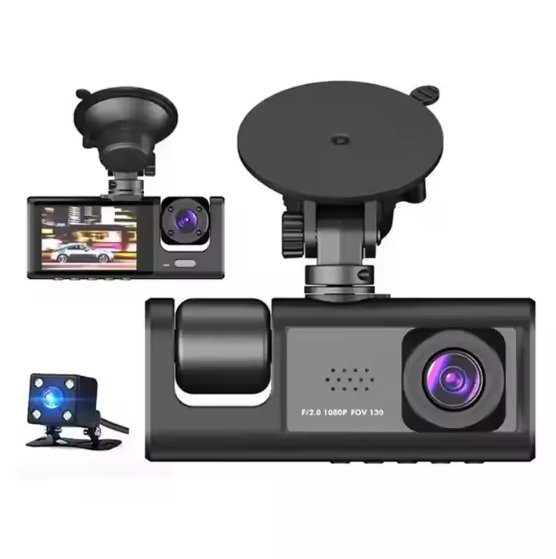 ZAMORA MART Triple Way Car Video Recorder showing front and side cameras mounted inside a vehicle.