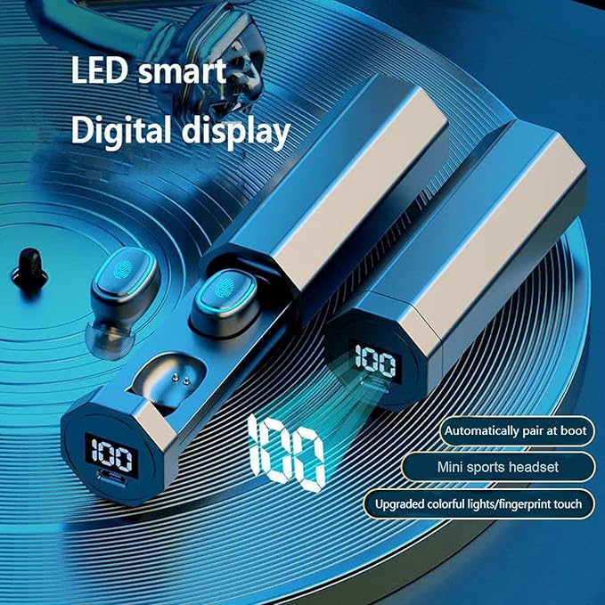 ZAMORA MART wireless digital earbuds with digital display showing battery level and sleek black design.