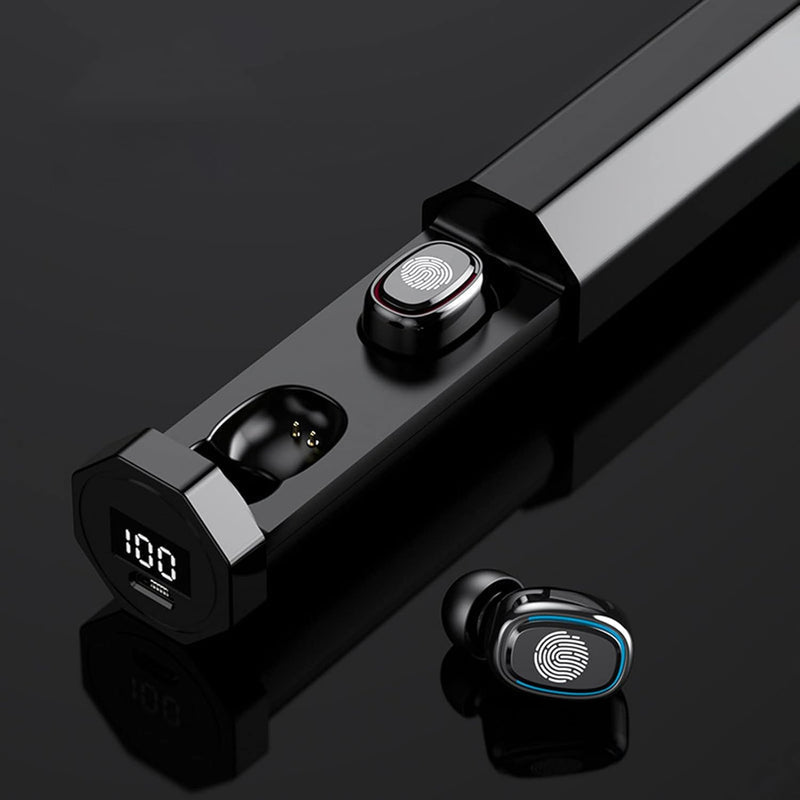 ZAMORA MART wireless digital earbuds with display showing battery level and sleek black design.