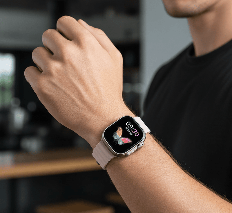 ZAMORA MART Ultra2 Mini AMOLED Smartwatch displaying a colorful digital watch face with fitness and notification icons.