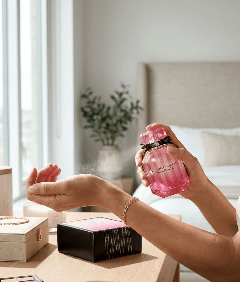 Victoria’s Secret Bombshell eau de parfum fragrance by ZAMORA MART, featuring a sleek bottle design and floral scent details.