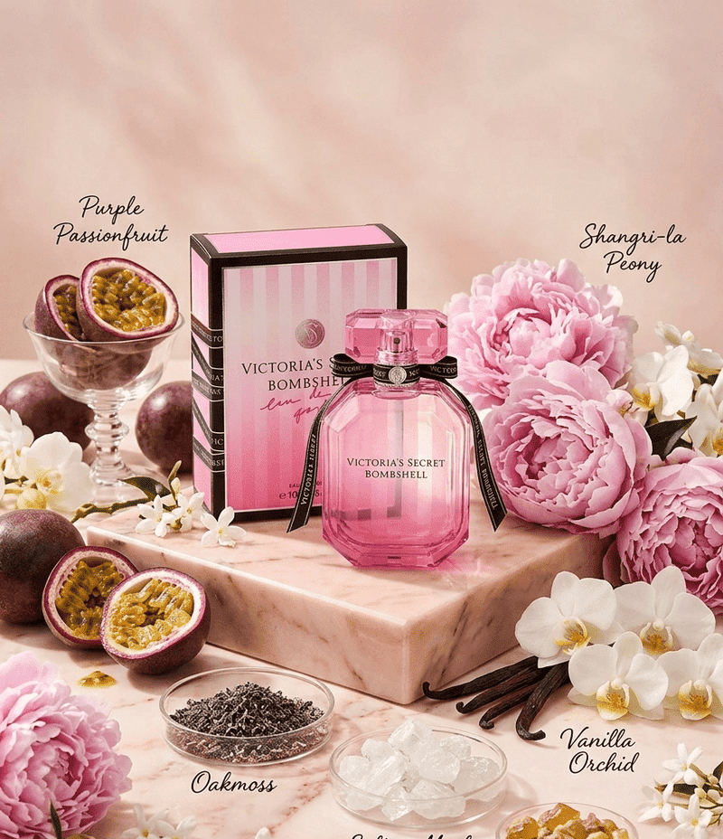 Victoria’s Secret Bombshell Eau de Parfum by ZAMORA MART, elegant bottle with floral and fruity fragrance accents.