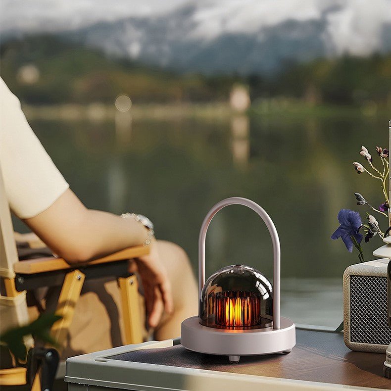 White ZAMORA MART camping lamp emitting ambient light, ideal for outdoor camping with noise-reducing features.