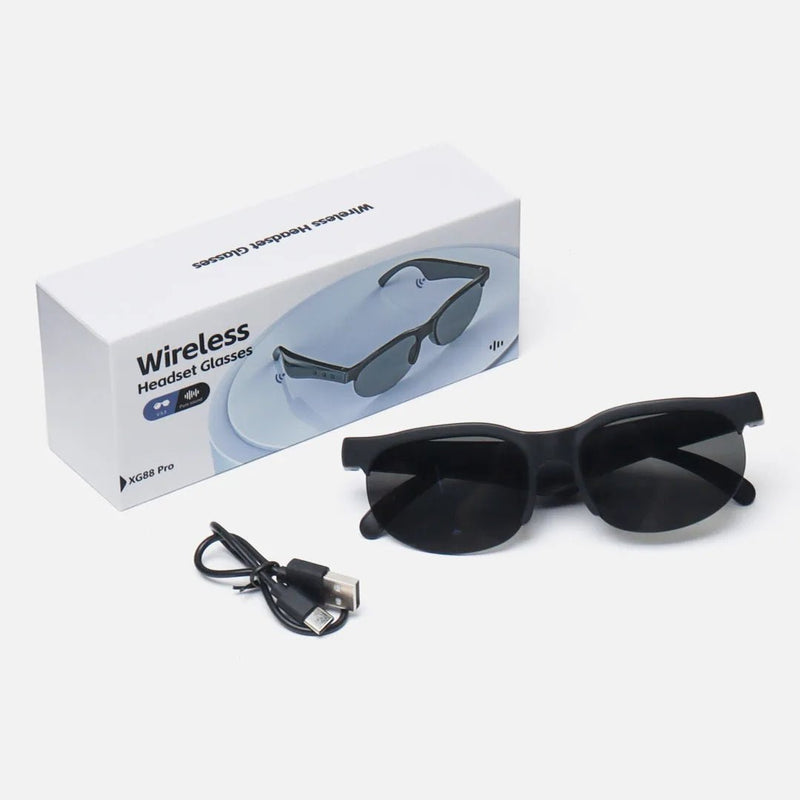 ZAMORA MART wireless headset glasses with sleek design, featuring built-in audio speakers and adjustable headband for comfortable wear.