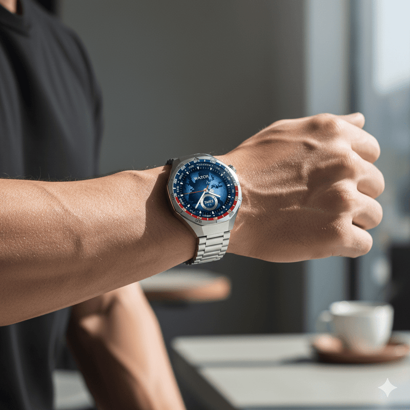 ZAMORA MART X-inova X5 Pro+ smartwatch with AMOLED display, black strap, showing time and fitness tracking on the screen.