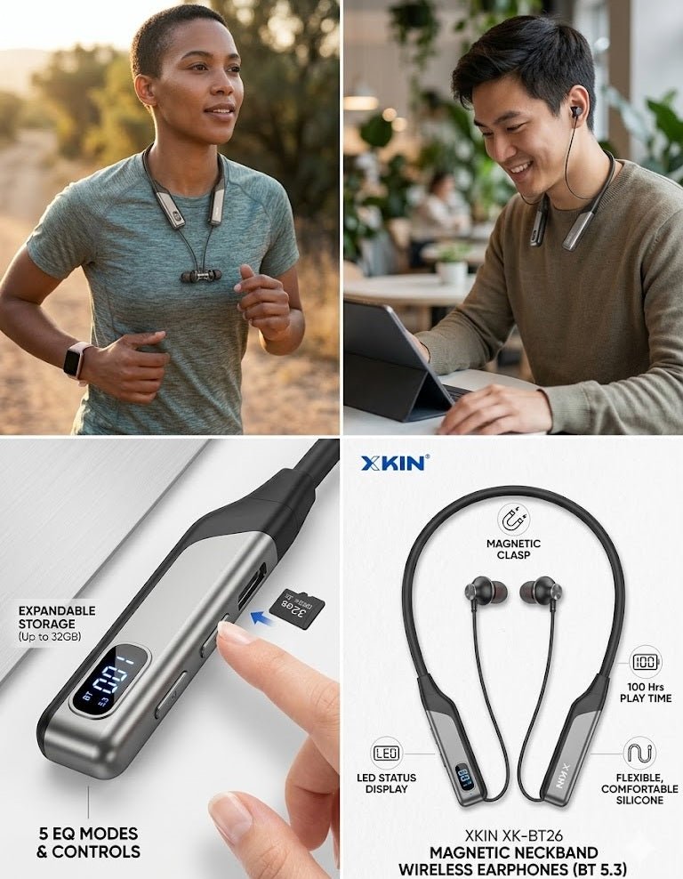 ZAMORA MART magnetic neckband wireless earphones with in-ear design and adjustable neckband for comfortable listening.