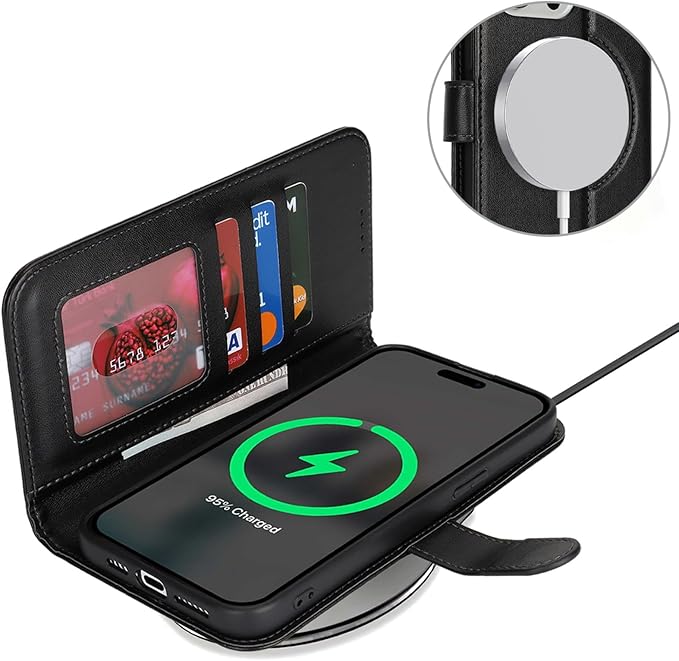 ZAMORA MART Wallet Wireless Power Bank showing compact design with wireless charging pad and USB ports on black exterior.